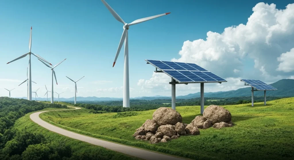 Imagine cu panouri solare, turbine eoliene și un peisaj natural curat, ilustrând conceptul de energie regenerabilă și sustenabilitate.