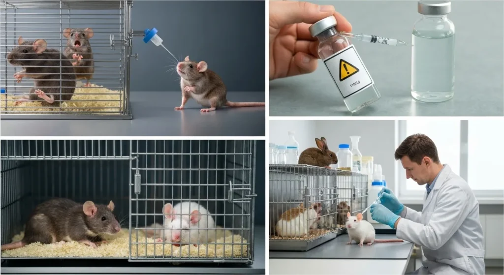 Un laborator științific cu animale în cuști și un om de știință care administrează o substanță.
