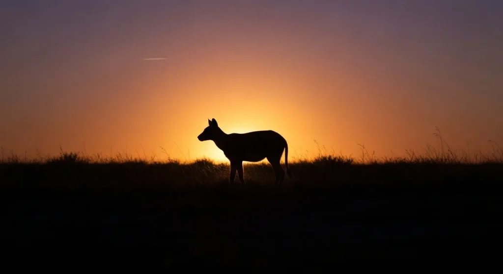 Un animal crepuscular, parțial ascuns, în lumina difuză a amurgului.