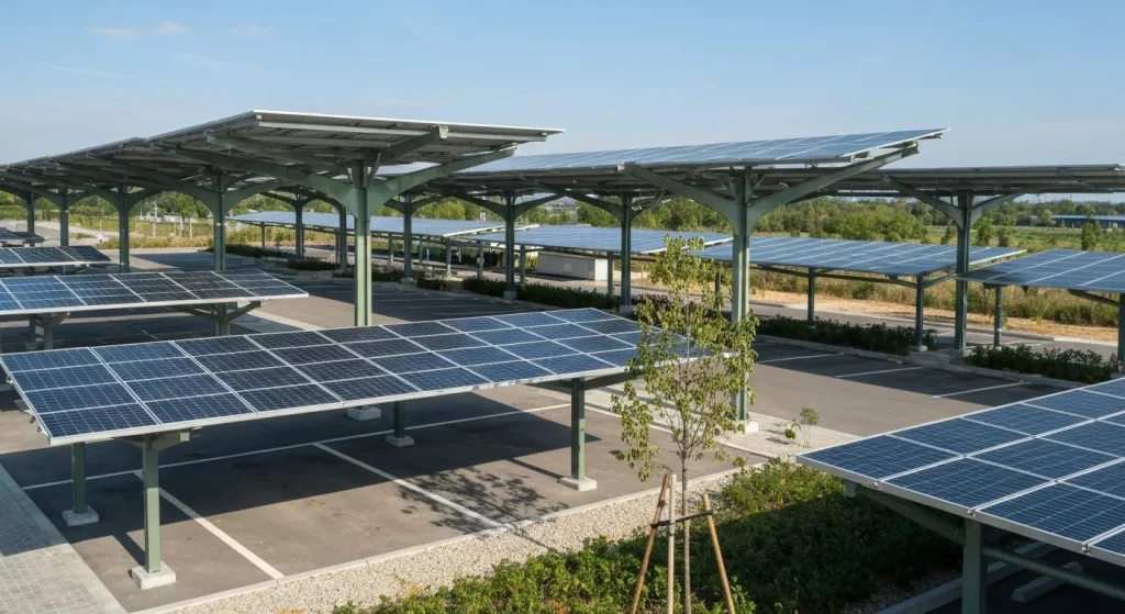 Baldachin solar peste o parcare, cu panouri fotovoltaice pe structura sa.