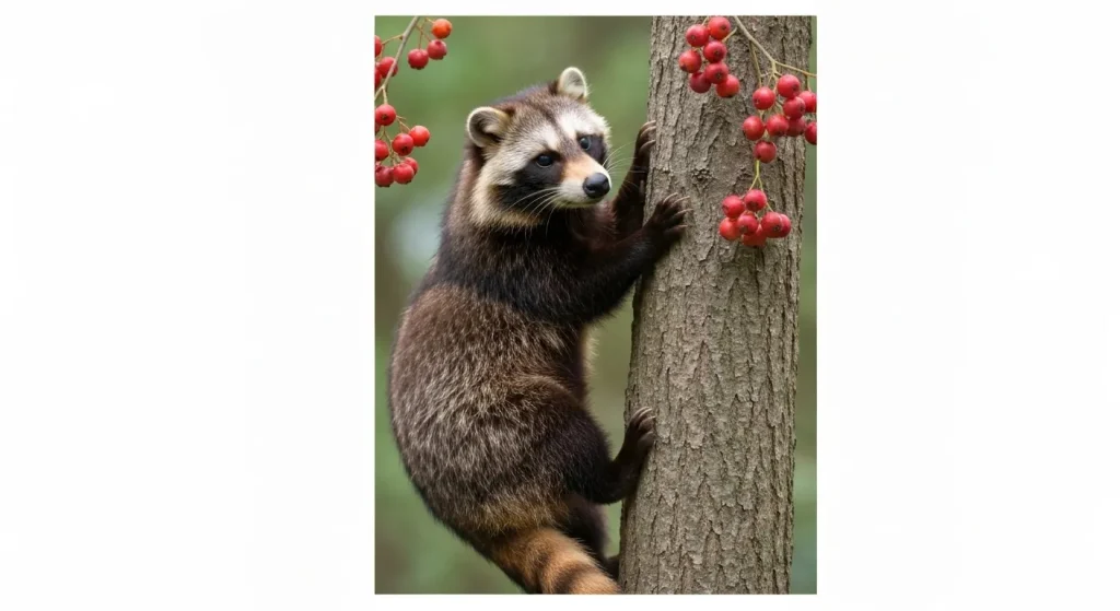 Un tanuki, un câine raton japonez, se cațără într-un copac, cu fructe de pădure în jur.