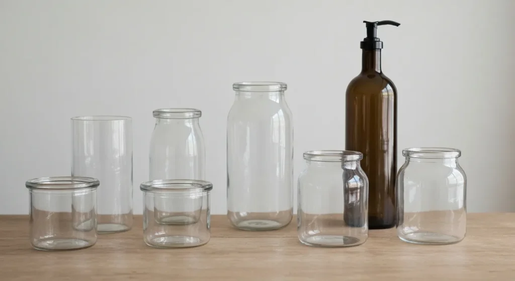Obiecte decorative din sticlă reciclată, aranjate într-un mod estetic.