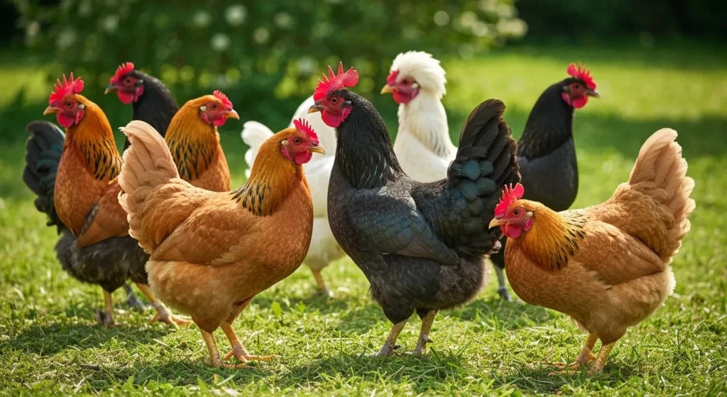 Diverse rase de găini, cu penaj variat, într-un mediu rural.
