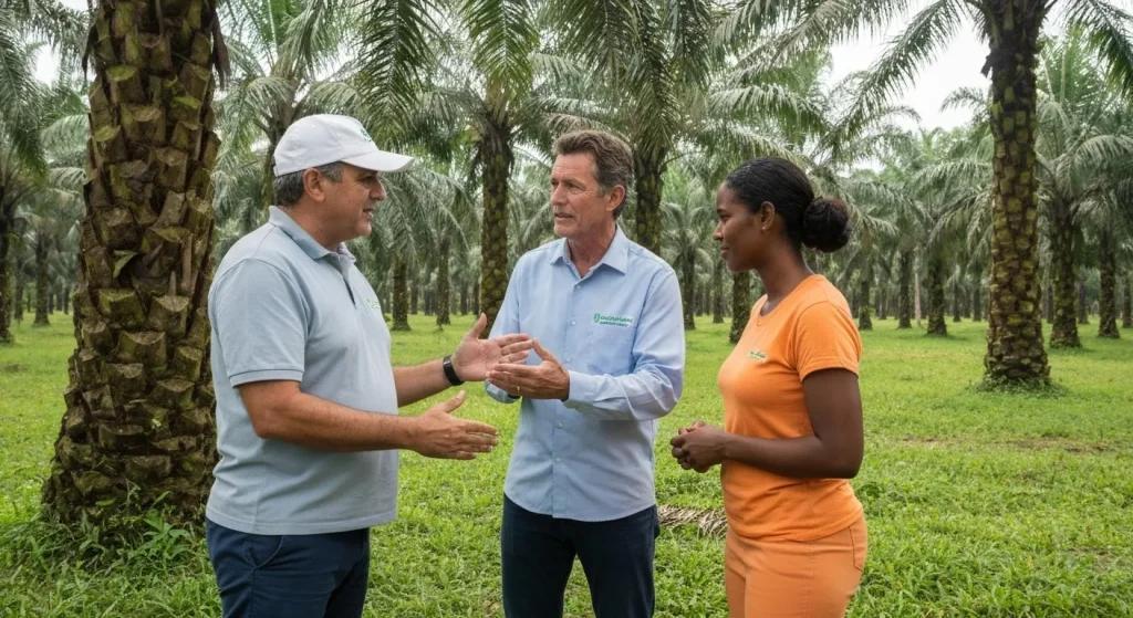 Un fermier discută cu reprezentanți ai Rainforest Alliance într-o plantație de palmieri, cu o pădure tropicală în fundal.