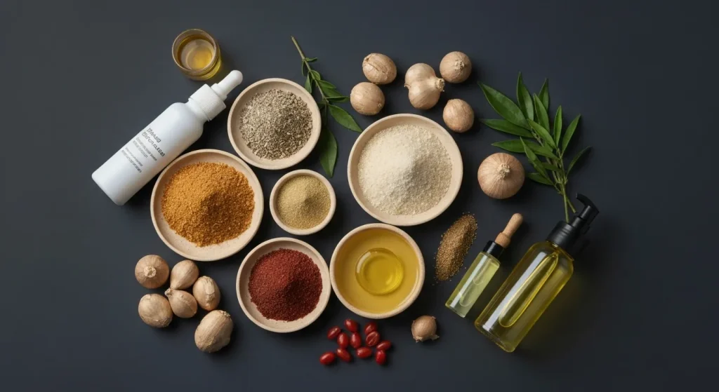 Produse cosmetice naturale și organice, cu etichete care indică certificări și ingrediente.