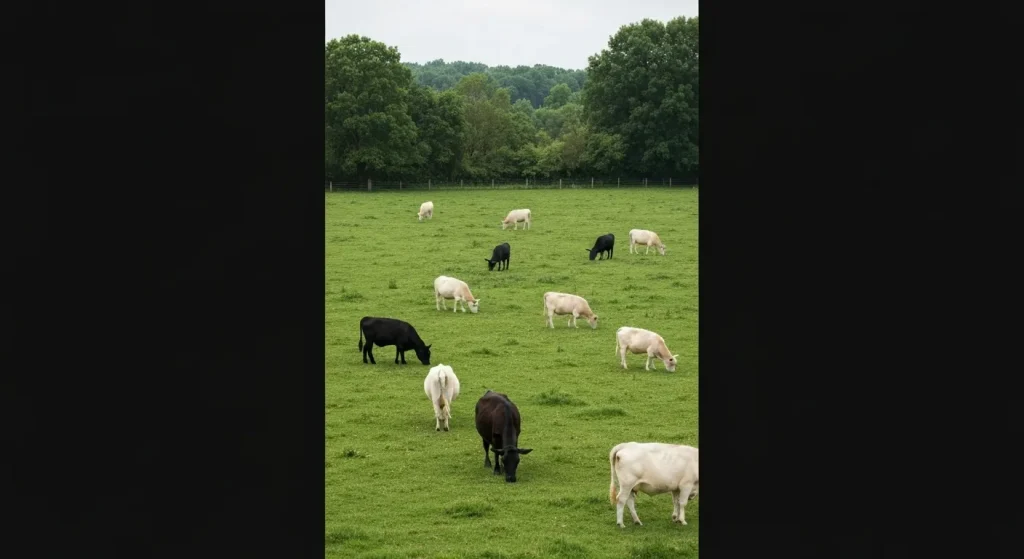 O fermă ecologică cu animale care pasc liber pe un câmp verde, cu plante sănătoase.