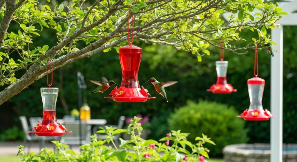 Mai multe hrănitori pentru colibri roșii atârnă de ramurile unui copac într-o grădină însorită, înconjurate de flori.