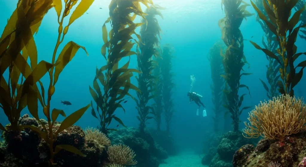 O pădure subacvatică densă de alge marine, cu o varietate de organisme marine.
