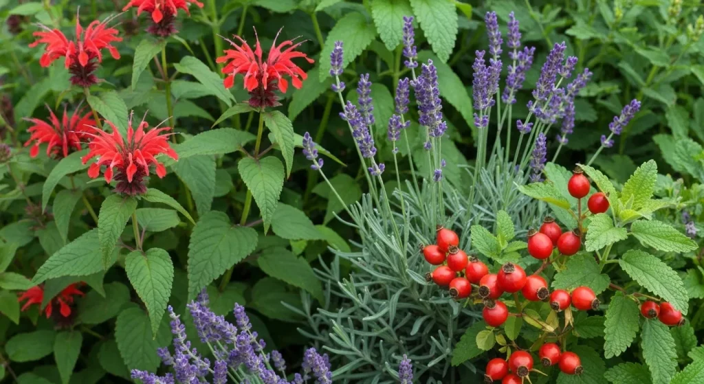 O grădină cu plante aromatice, inclusiv balsam de albine roșu, lavandă violetă, și fructe de trandafir roșii.