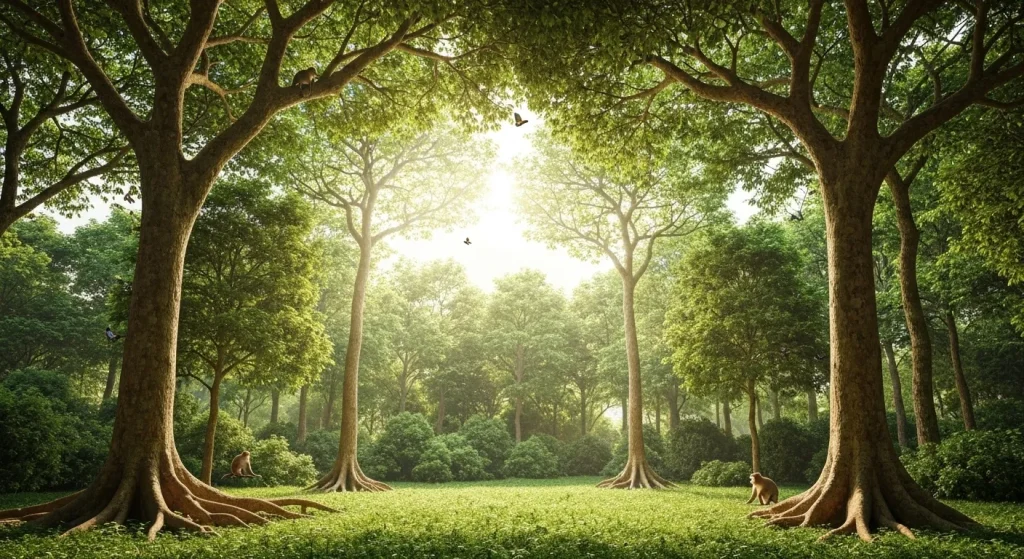 O pădure luxuriantă cu arbori înalți, animale sălbatice diverse și lumină solară filtrată prin frunziș.