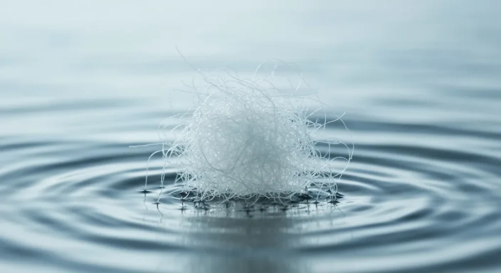 O imagine a unor microfibre textile sub microscop, arătând textura și dimensiunea lor minusculă.
