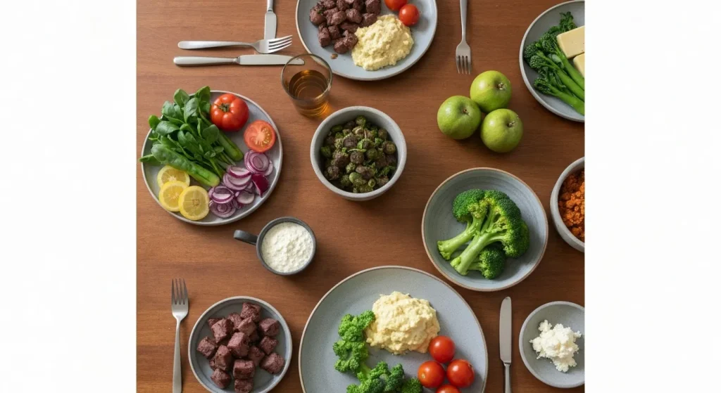 O fotografie a unei mese cu fructe și legume proaspete de sezon, alături de o porție mică de brânză și fără carne de vită sau miel.