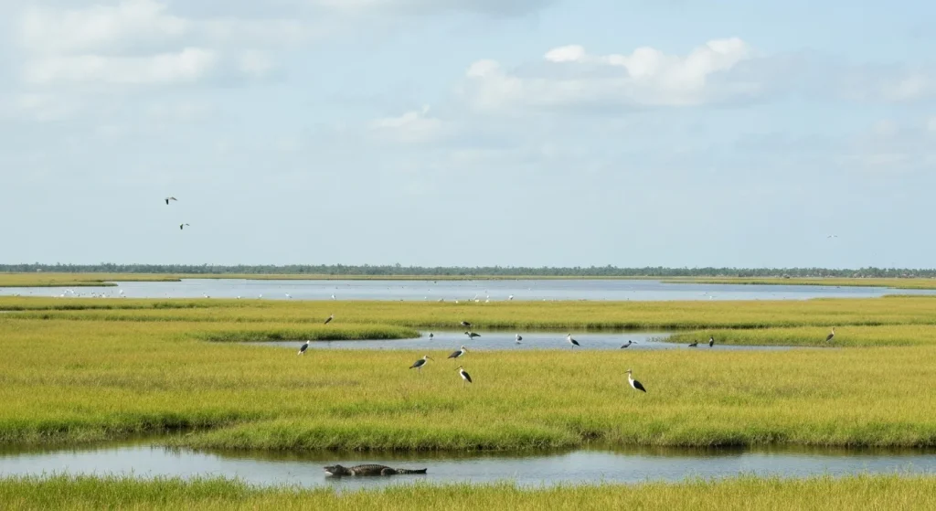 Peisaj al Everglades-ului, cu iarbă sawgrass, apă puțin adâncă și vegetație subtropicală.