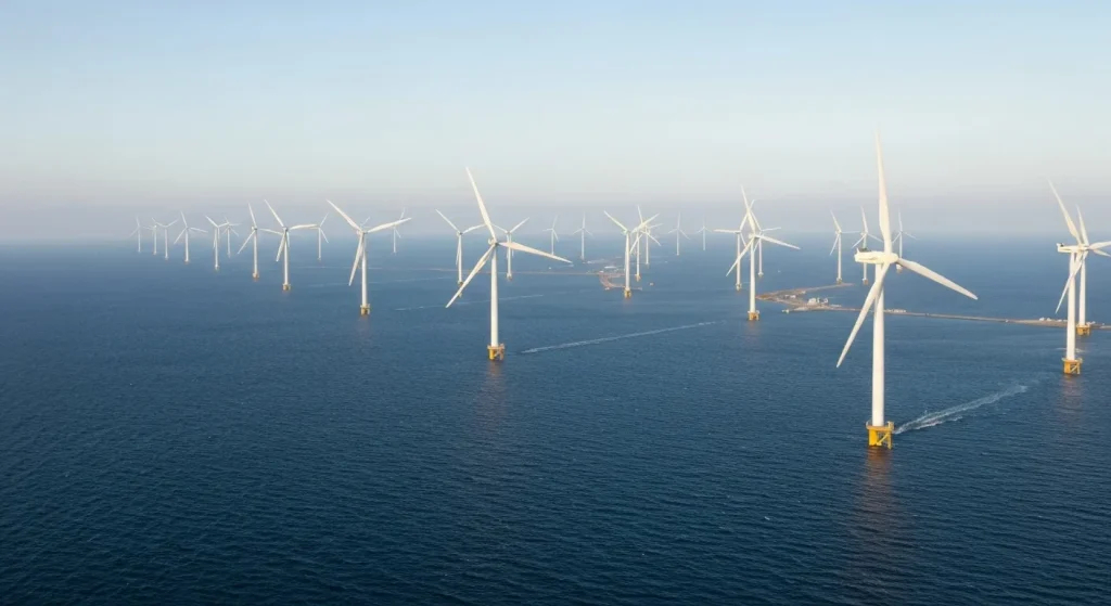 O fermă eoliană offshore extinsă, cu numeroase turbine de vânt, amplasată pe o suprafață vastă de ocean.