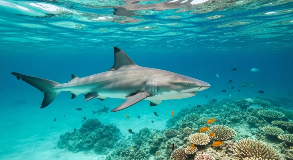 Un rechin mare, sănătos, înotând într-un ocean curat, plin de viață marină.
