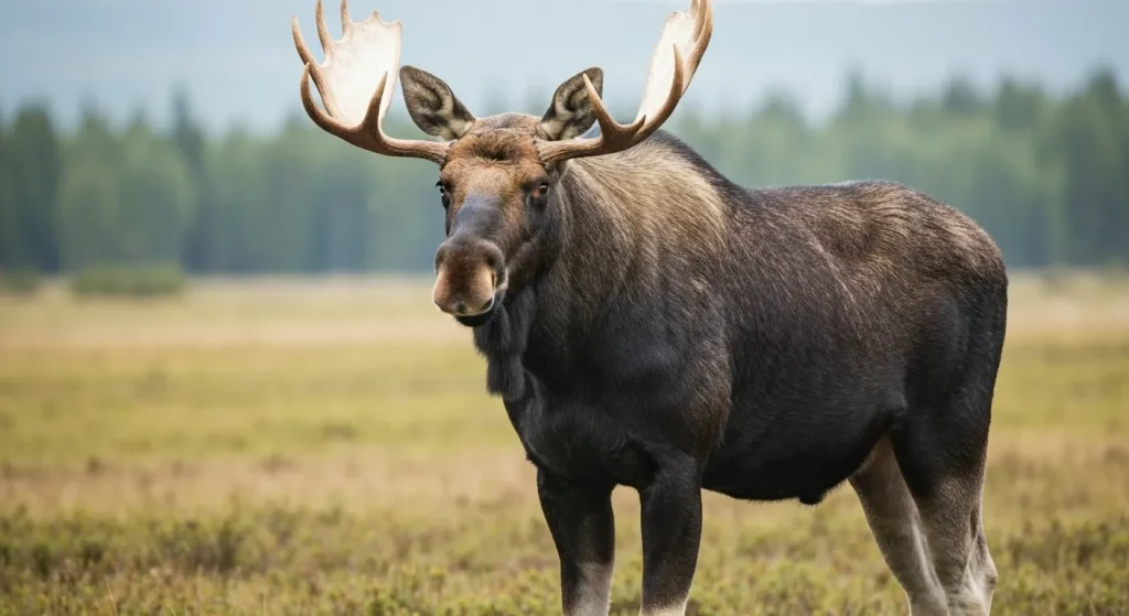 Un elan mare, cu coarne impresionante, stă într-un peisaj natural.