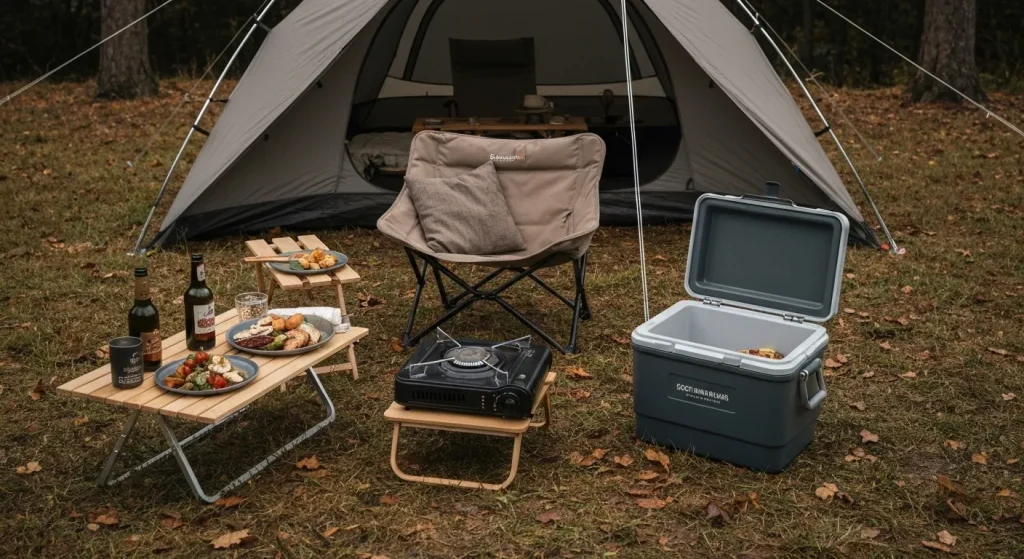 Un tabără de camping confortabilă, cu cort, scaun de grădină, aragaz și răcitor cu mâncare.