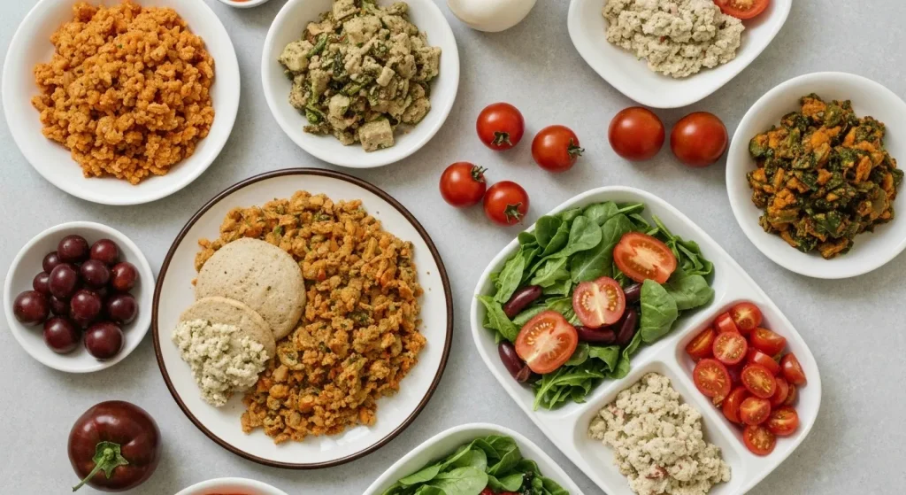O imagine care prezintă legume proaspete, fructe și feluri de mâncare vegetariene apetisante din meniul unei cantine școlare.