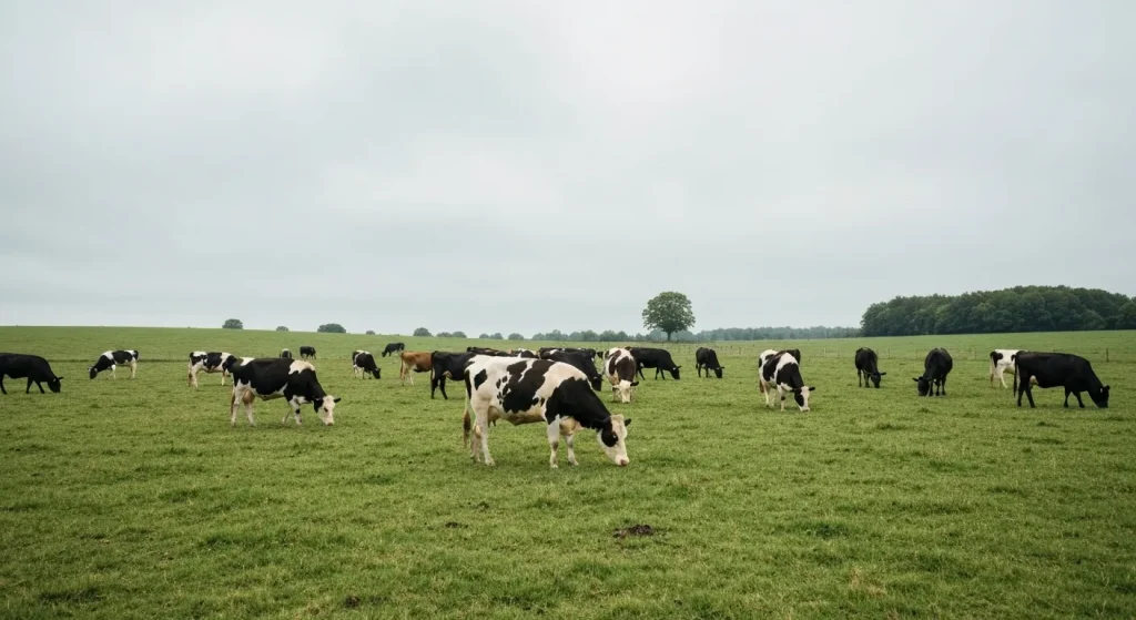 Un număr mare de animale de fermă, posibil într-un adăpost sau sanctuar, cu aspect calm și îngrijit.