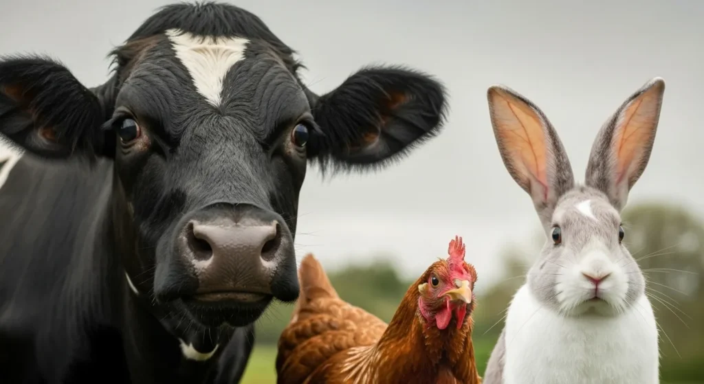 Diverse animale, o vacă, o găină și un iepure, privesc direct spre cameră cu expresii îngrijorate.