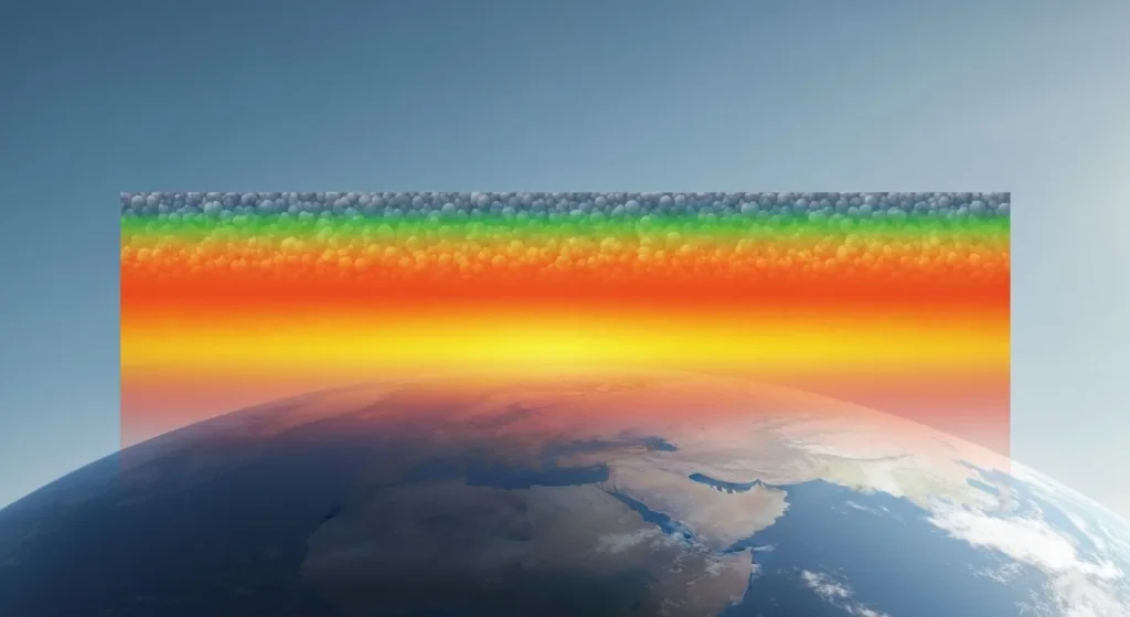 Straturi atmosferice care prezintă efectul de seră, cu gaze care captează căldura de la suprafața Pământului.