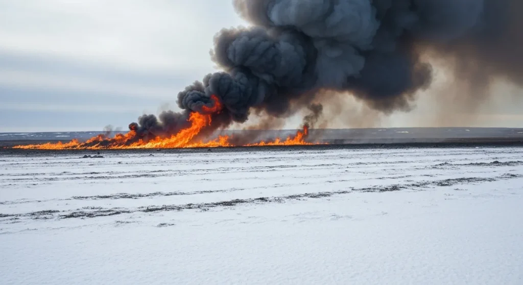 Un incendiu de vegetație vast se extinde pe tundra arctică, cu fum negru ridicându-se deasupra unui peisaj arid.