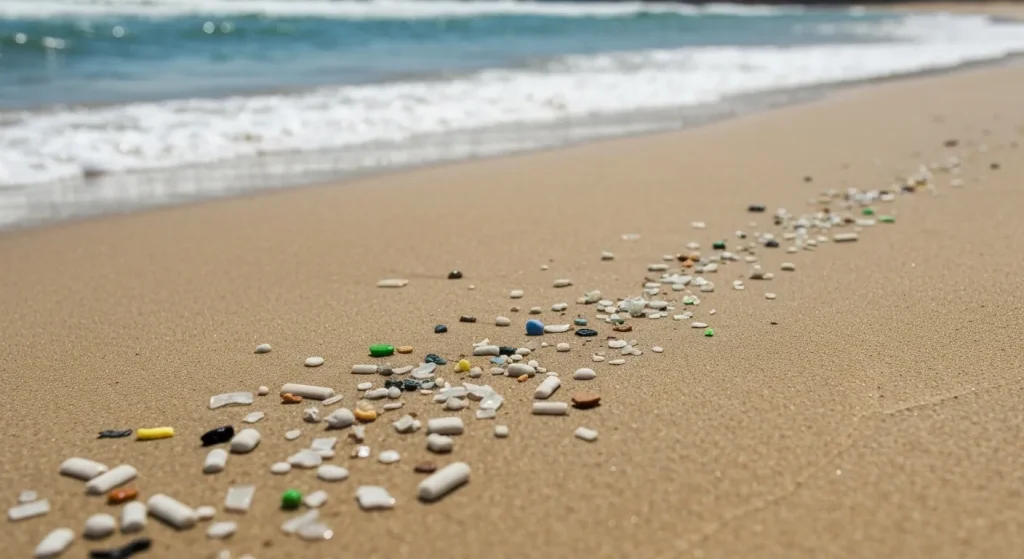 Deșeuri plastice fragmentate pe o plajă nisipoasă, cu valuri în fundal.