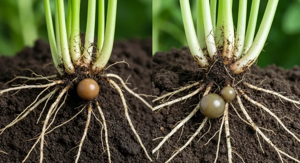 Rădăcini de plante cu umflături cauzate de nematode parazite, alături de sol sănătos și sol afectat.