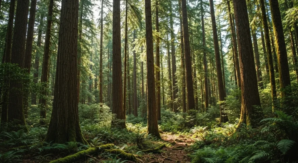 O pădure veche, densă, cu arbori înalți de diferite vârste și o vegetație bogată.
