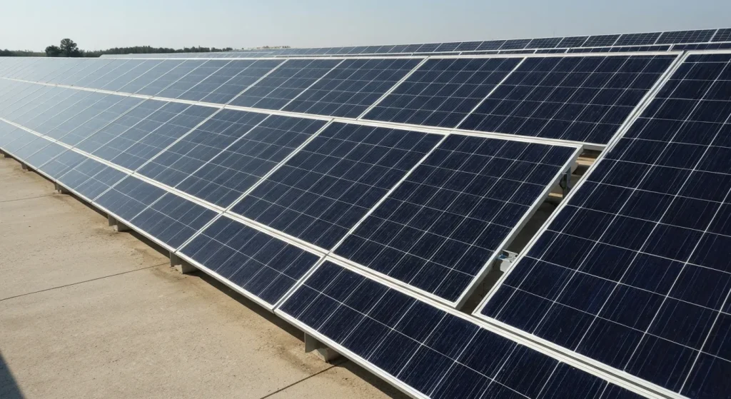 Panouri solare bifaciale instalate deasupra unei suprafețe reflectorizante, cum ar fi nisipul sau zăpada.