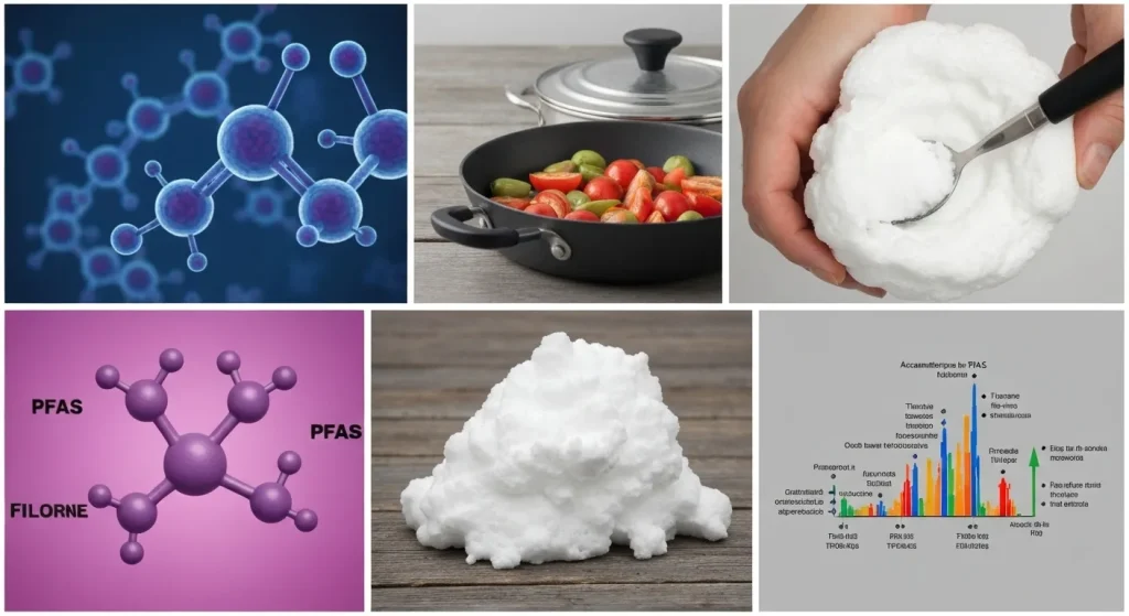 Imagine microscopică a legăturilor chimice puternice din moleculele PFAS, alături de fotografii ale unor produse care conțin aceste substanțe, cum ar fi vase de bucătărie și spumă de stingere a incendiilor.