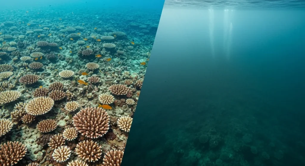 O zonă moartă în ocean, caracterizată prin lipsa vieții marine și apă de culoare închisă.