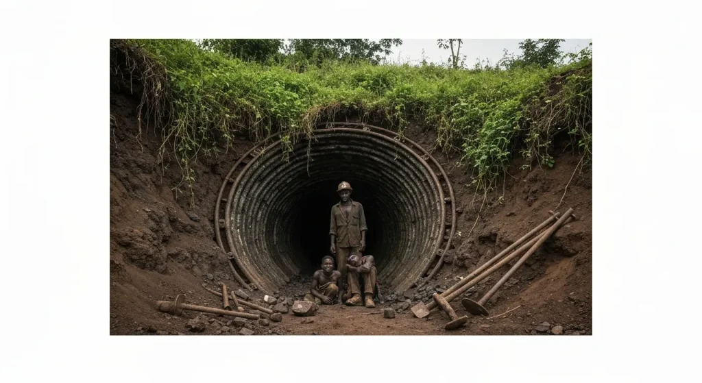 Mineri din Congo extrag cobalt într-un tunel instabil.