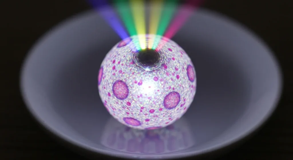 Un fascicul laser puternic iluminează un obiect microscopic, împrăștiind fotonii într-un mod neobișnuit, producând culori și perspective neașteptate.
