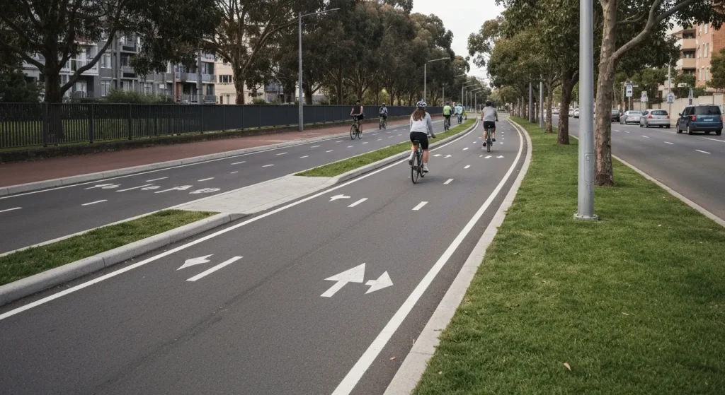 O pistă de biciclete separată de traficul auto, cu bicicliști circulând în siguranță.
