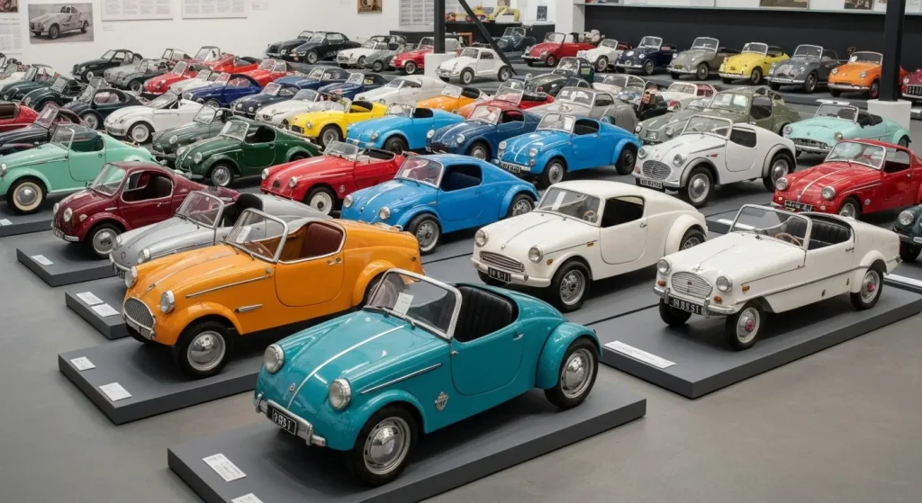 O colecție de mașini micro, inclusiv modele rare ca Messerschmitt Tiger și Peel P-50, expuse într-un muzeu.
