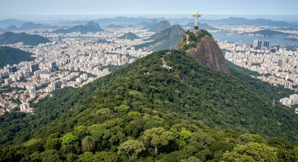 Panoramă a pădurii Tijuca din Rio de Janeiro, cu orașul și statuia lui Cristos Mântuitorul în fundal.