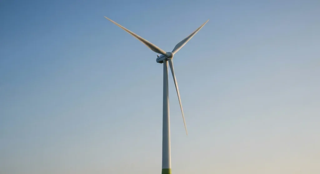 O turbină eoliană gigantică, Haliade-X, cu pale mari și un turn înalt, este prezentată într-un mediu industrial.
