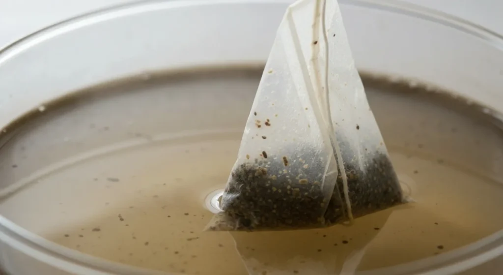 Pliculeț de ceai din plastic în apă fierbinte, cu particule microscopice vizibile.