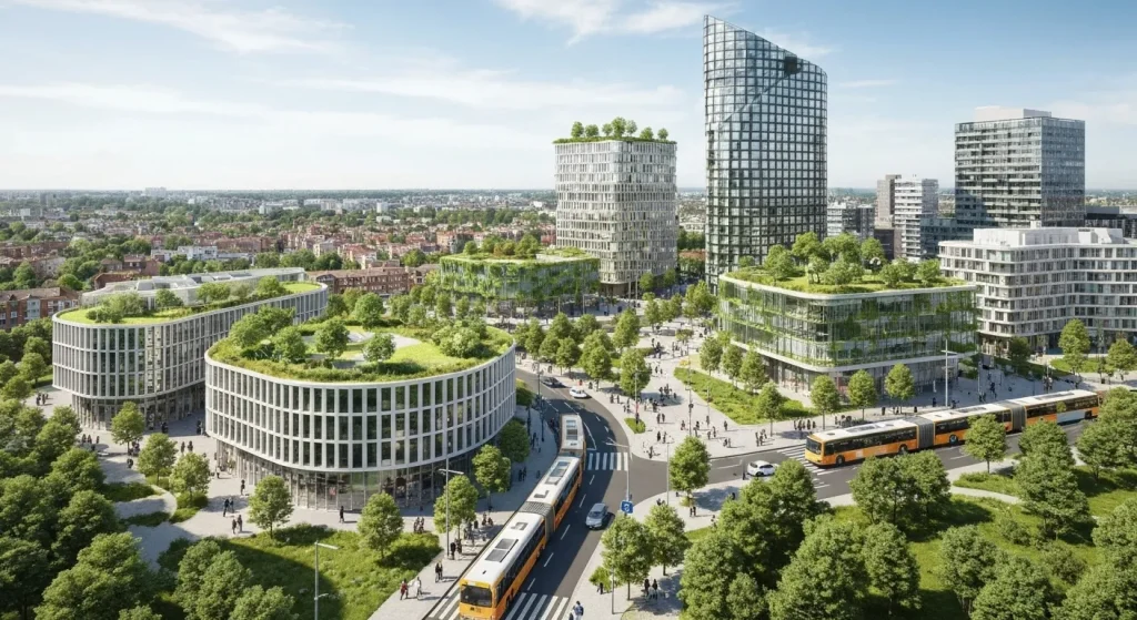 O imagine a unui oraș dens, verde, cu clădiri moderne și o infrastructură de transport public eficientă.