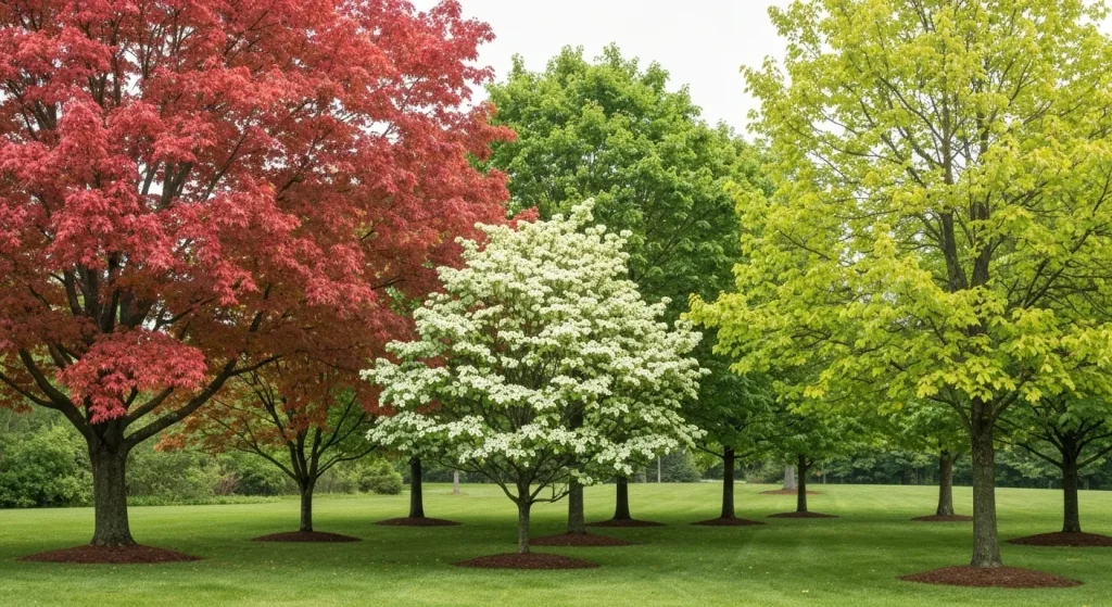 Selecție de arbori ornamentali, inclusiv arțar roșu, plop galben, stejar, corn cu flori și ulm american.