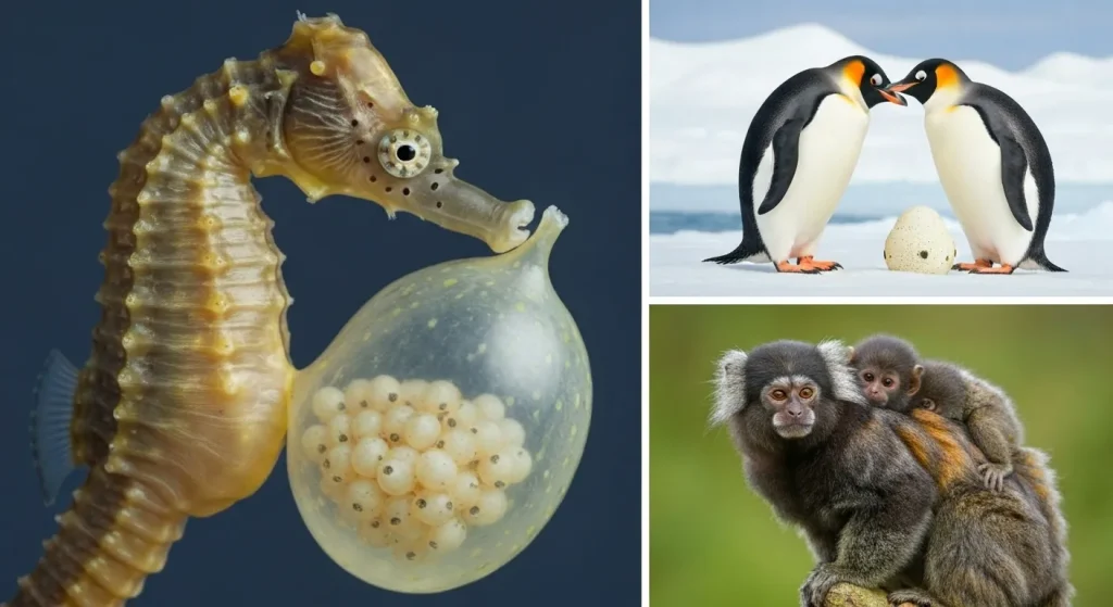 Un tată pinguin împărat stă pe un ou în mijlocul zăpezii.