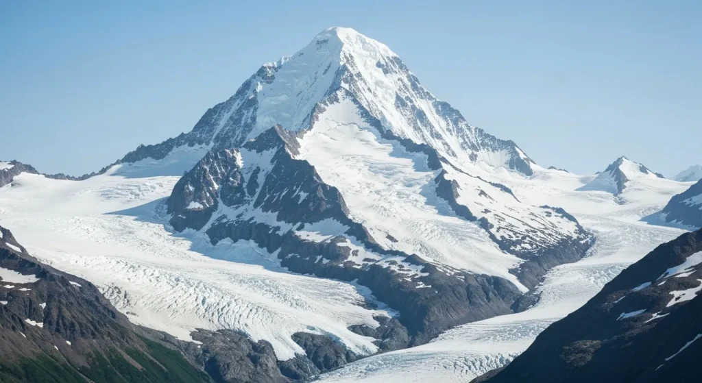 Vârfuri muntoase acoperite de zăpadă și gheață, cu un peisaj glaciar extins.