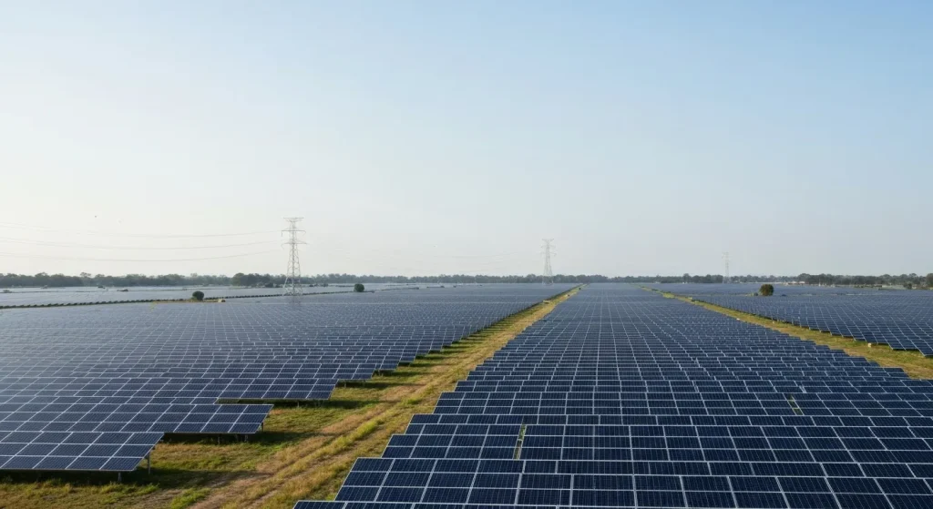 O fermă solară extinsă cu panouri fotovoltaice, conectată la o linie de transport de energie electrică de înaltă tensiune.