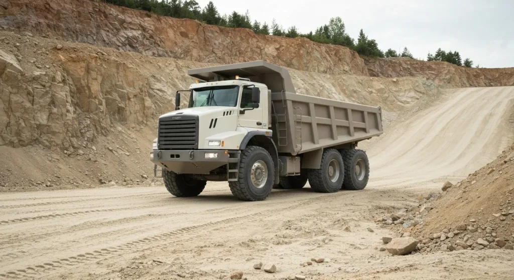 Un camion basculant electric uriaș, cu anvelope înalte, coboară o pantă abruptă într-o carieră.