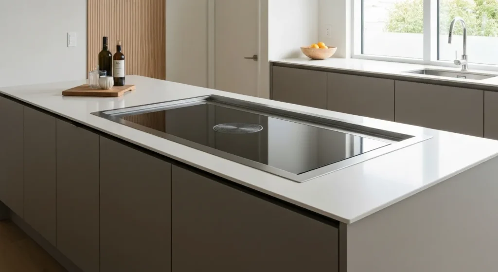 O hotă de bucătărie modernă, integrată într-un blat de insulă, cu un design minimalist și elegant.