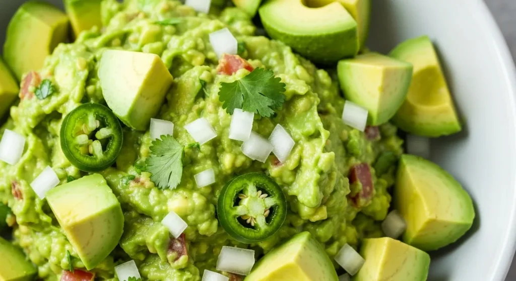 Un bol cu guacamole proaspăt preparat, cu bucăți de avocado, ceapă, coriandru și jalapeño.