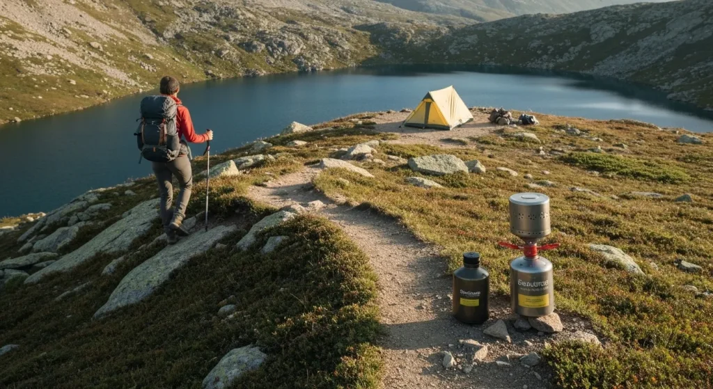 Un drumeț pe o potecă montană, cu un rucsac și o pădure în fundal.