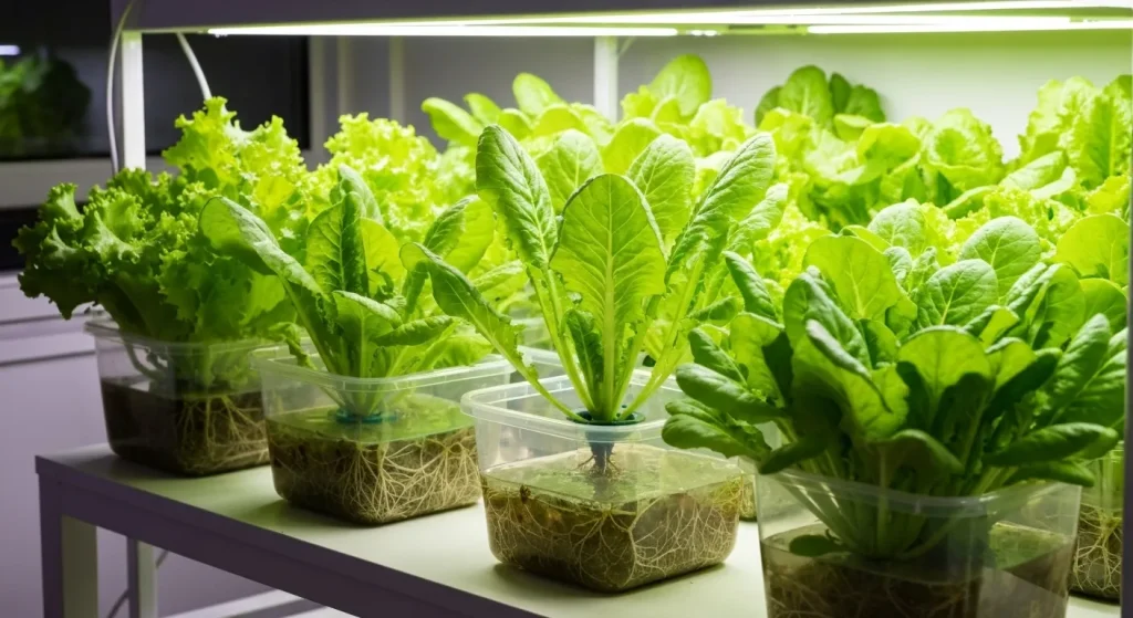 O grădină hidroponică interioară cu plante verzi sănătoase care cresc într-un sistem cu recipiente transparente și lumină artificială.
