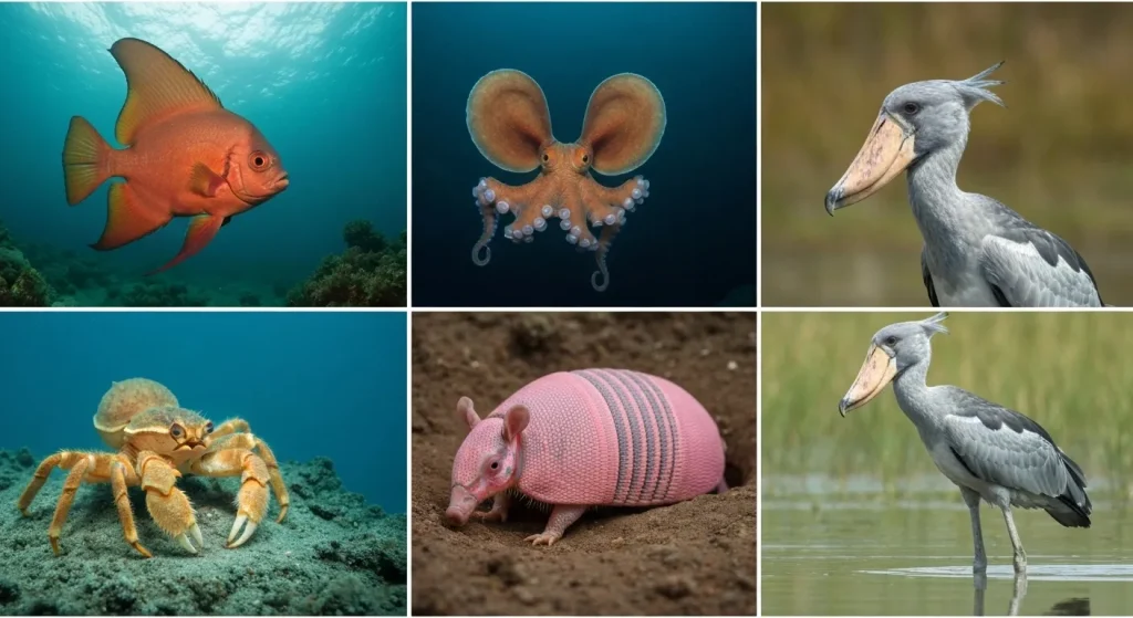 Diverse specii animale marine și terestre, inclusiv pești, crustacee, mamifere și reptile, prezentate în mediile lor naturale.